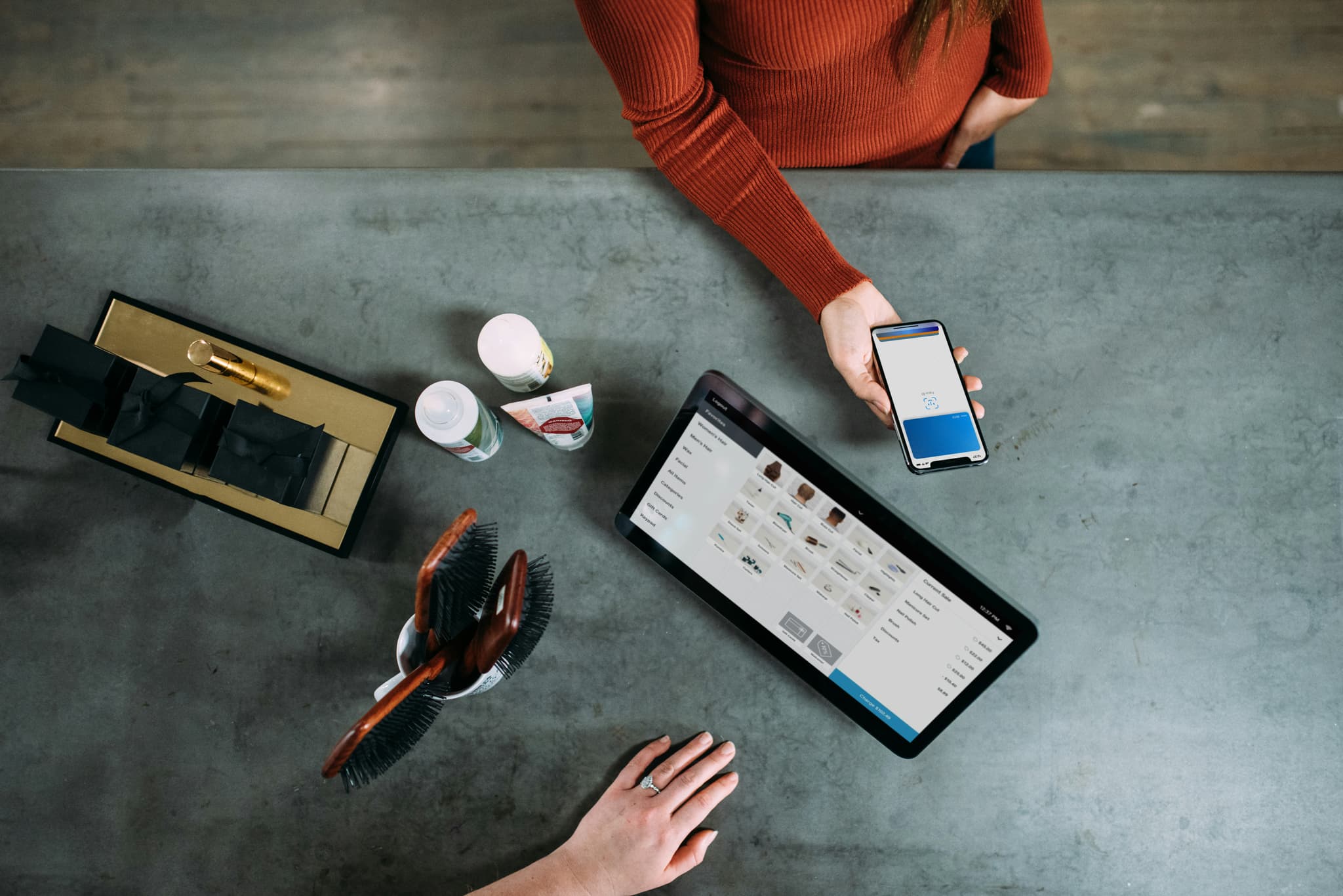 workplace office overhead view of tablet and phone workspace