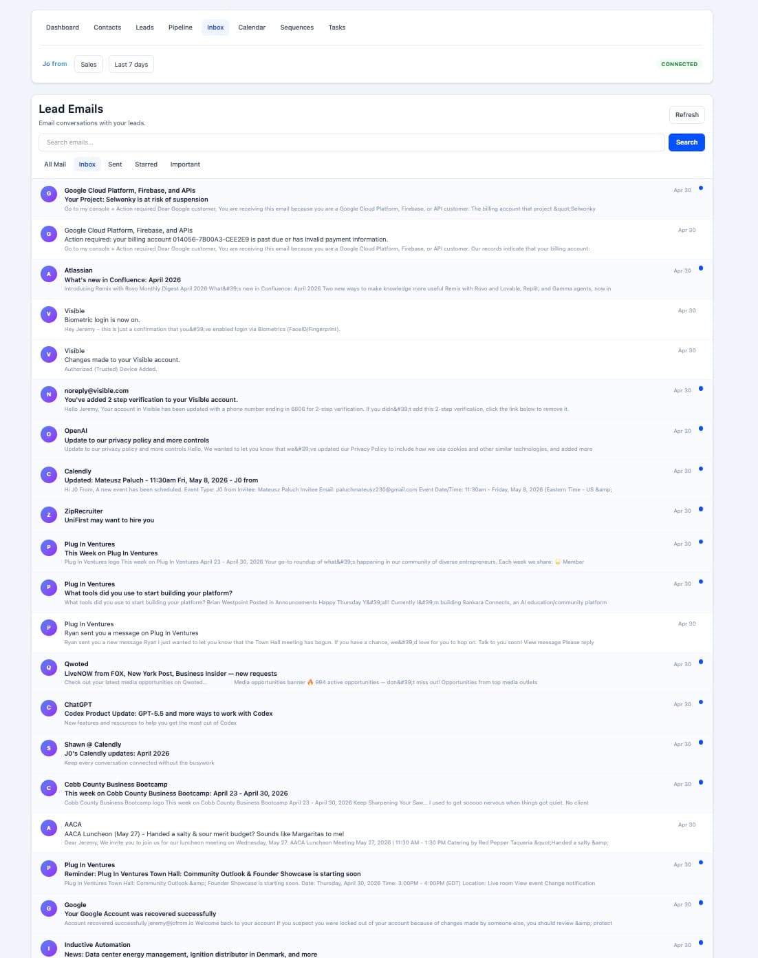 j0from product screenshot sales crm j0from sales lead email inbox list