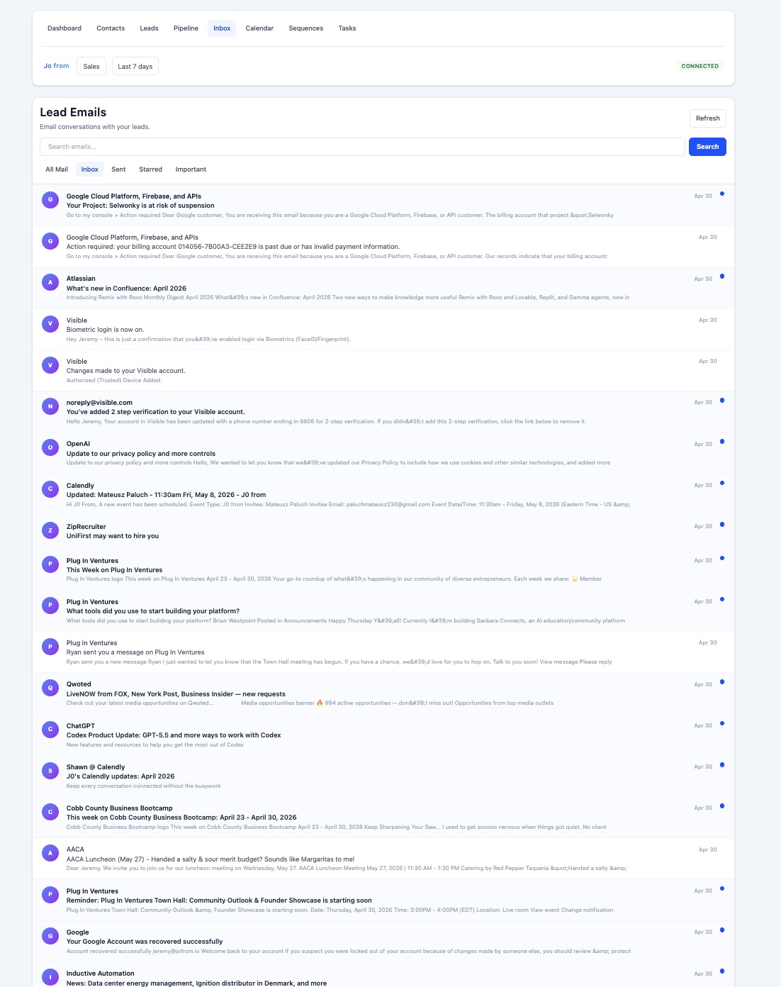 j0from product screenshot sales crm j0from sales lead email inbox list